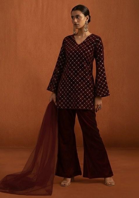 Wine Sequin Work Velvet Sharara Set
