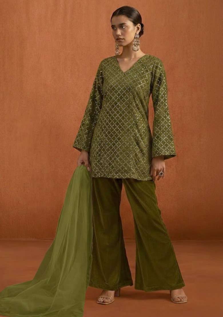 Olive Green Embroidered Velvet Sharara Set - Indya