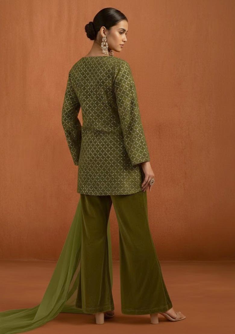 Olive Green Embroidered Velvet Kurta Set - Indya