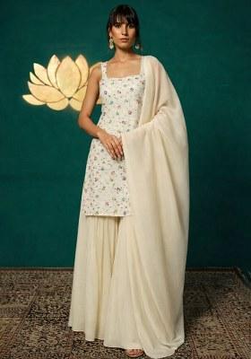 Soft Cream Embroidered Tissue Sharara Set