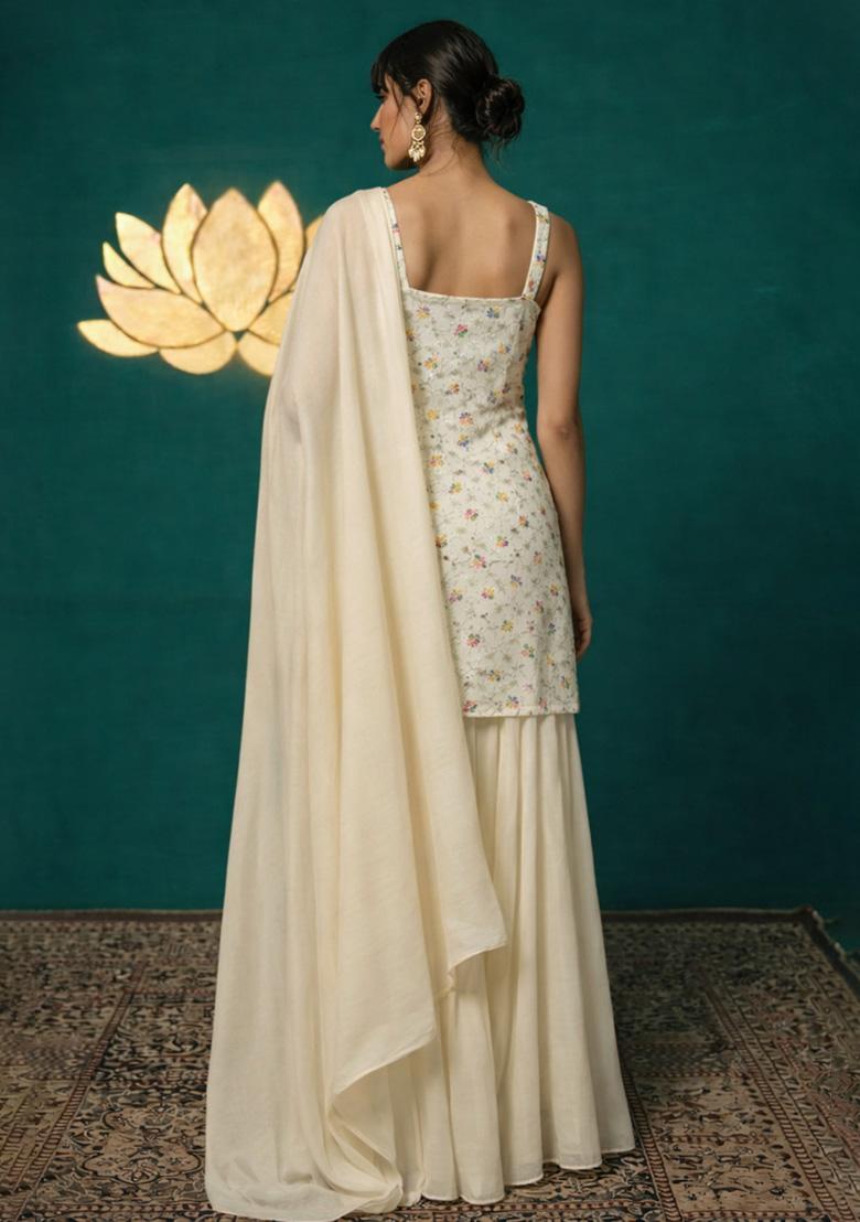 Soft Cream Embroidered Tissue Sharara Set - Indya