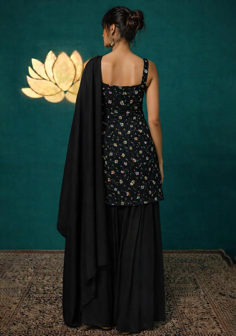 Black Embroidered Tissue Sharara Set - Indya