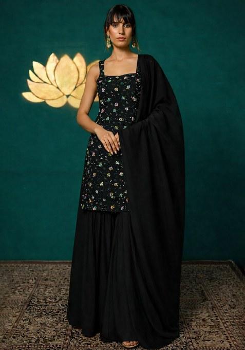 Black Embroidered Tissue Sharara Set