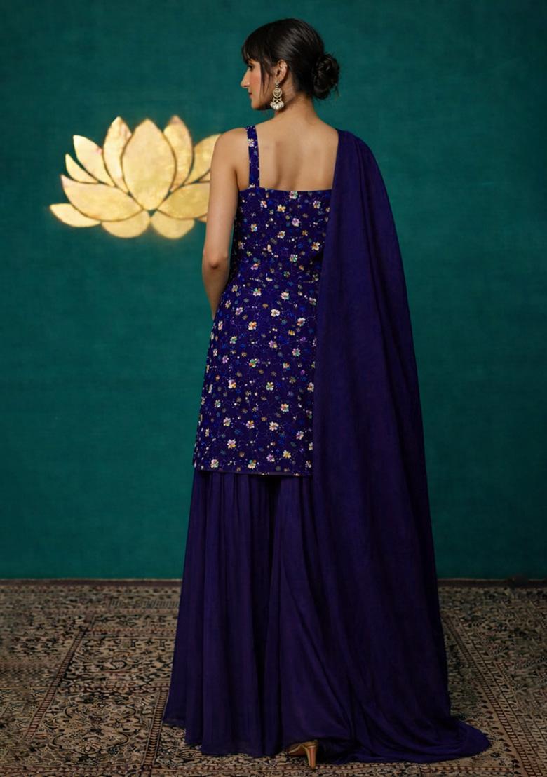 Navy Blue Embroidered Tissue Sharara Set - Indya