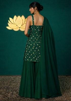 Bottle Green Embroidered Tissue Sharara Set