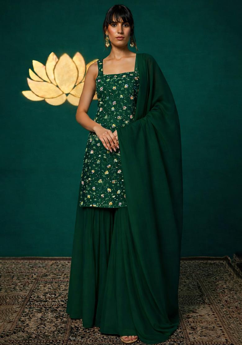 Bottle Green Embroidered Tissue Sharara Set - Indya