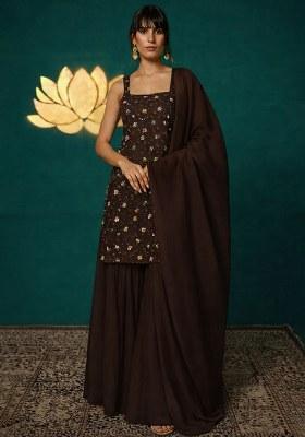 Brown Embroidered Tissue Sharara Set