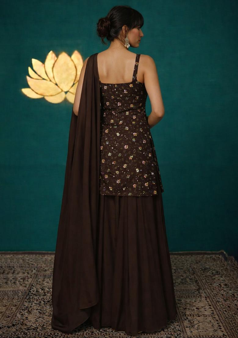 Brown Embroidered Tissue Sharara Set - Indya