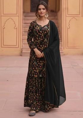 Black Printed Velvet Sharara Set