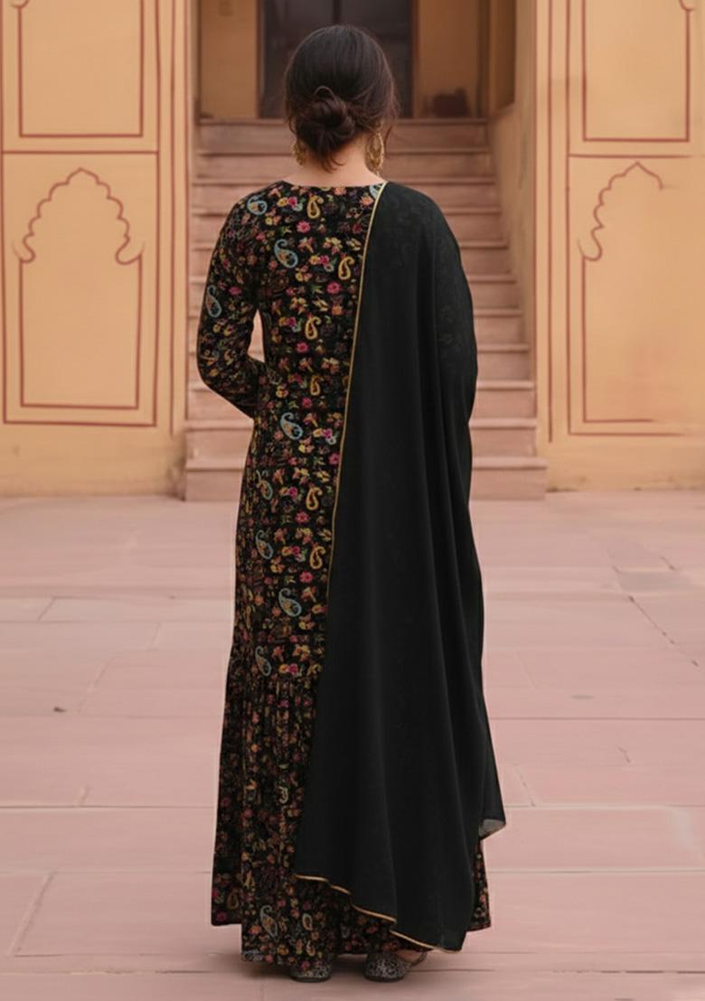 Black Printed Velvet Sharara Set - Indya