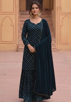 Deep Teal Blue Embroidered Velvet Sharara Set