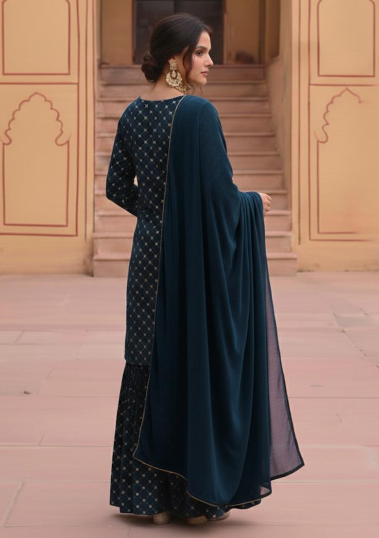 Deep Teal Blue Embroidered Velvet Sharara Set - Indya