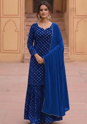 Royal Blue Embroidered Velvet Sharara Set