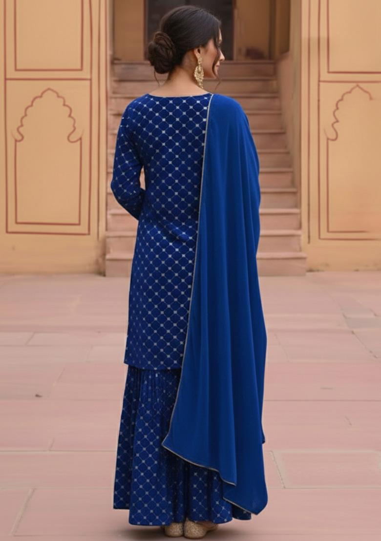 Royal Blue Embroidered Velvet Sharara Set - Indya