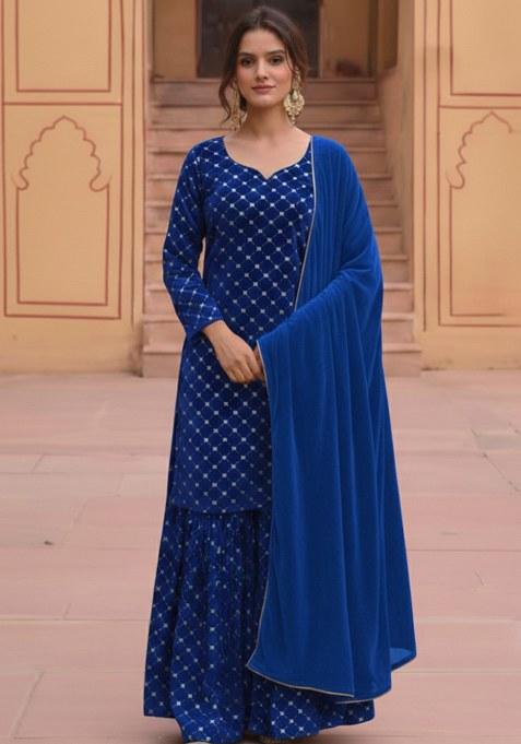 Royal Blue Embroidered Velvet Sharara Set