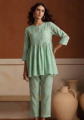 Mint Green Embroidered Chanderi Kurta Set
