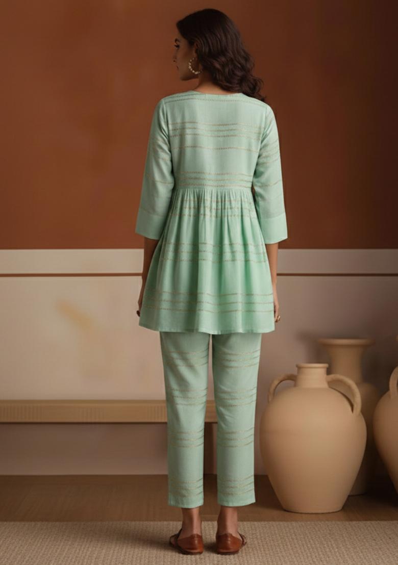 Mint Green Embroidered Chanderi Kurta Set - Indya