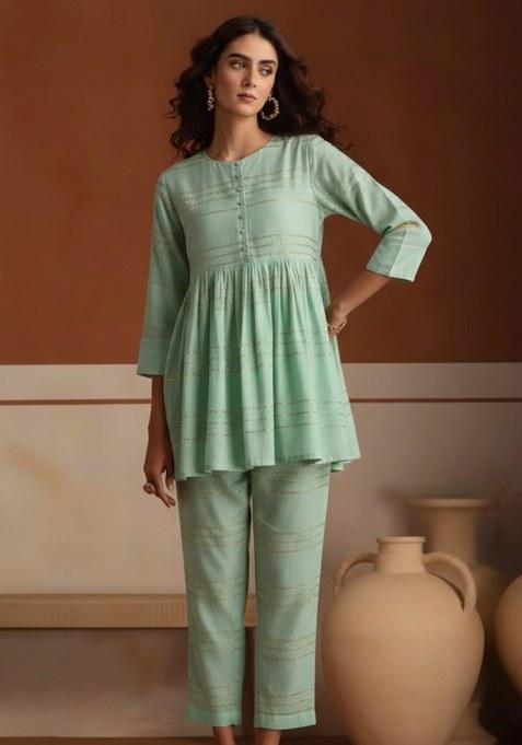 Mint Green Striped Chanderi Co Ord Set