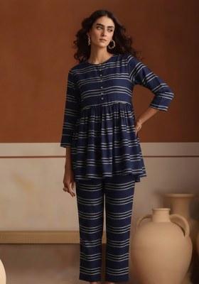 Dark Blue Embroidered Chanderi Kurta Set