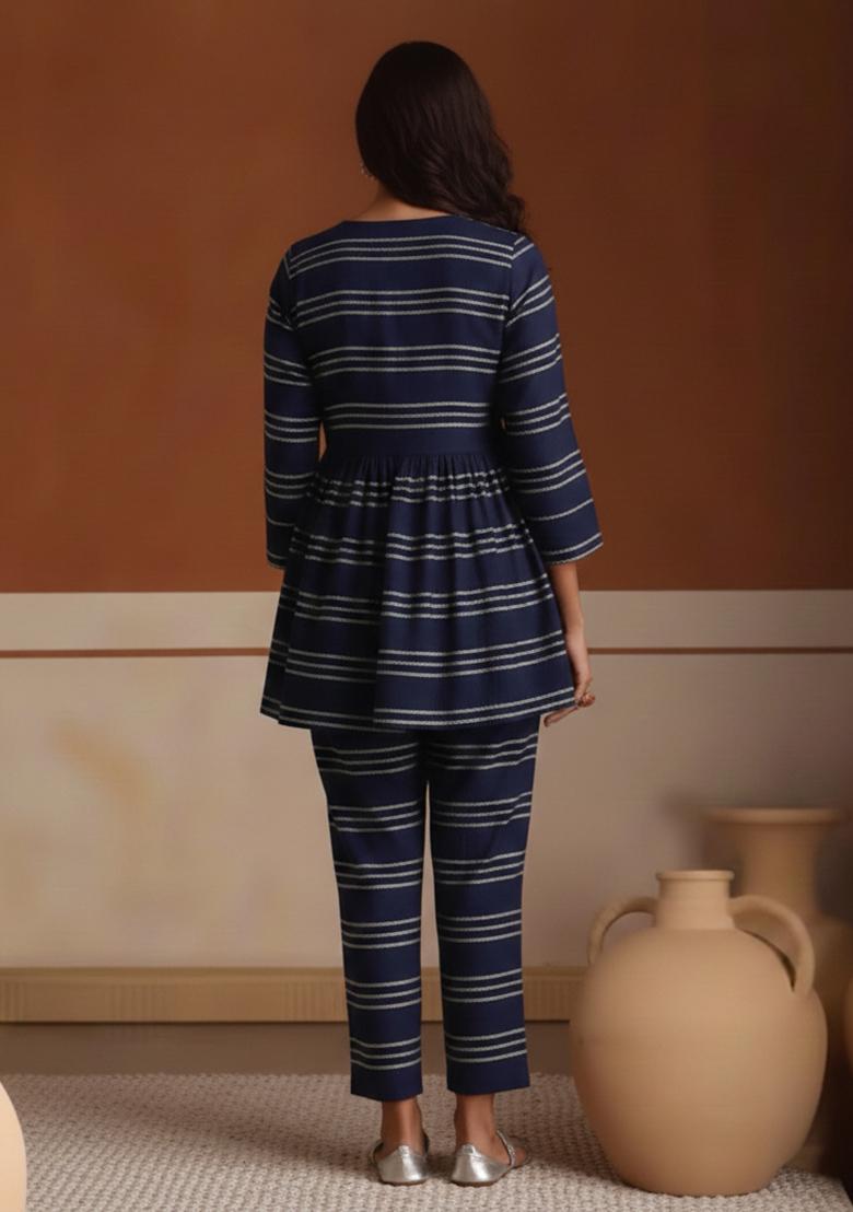 Dark Blue Embroidered Chanderi Kurta Set - Indya