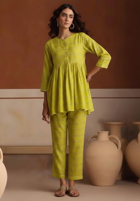 Lime Green Striped Chanderi Co Ord Set