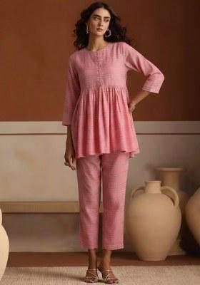 Soft Pink Embroidered Chanderi Kurta Set