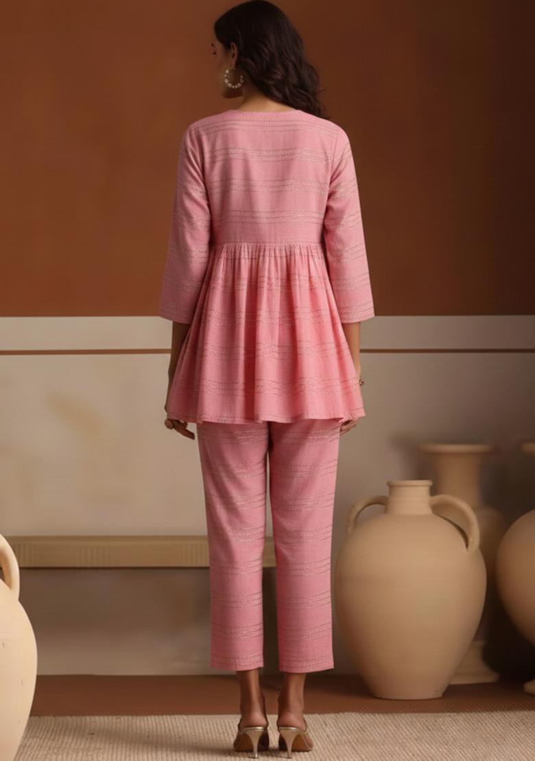 Soft Pink Embroidered Chanderi Kurta Set - Indya