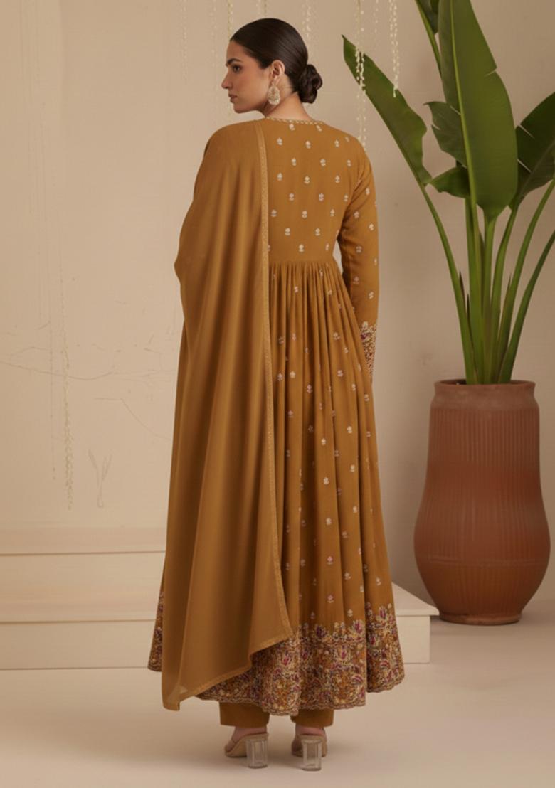 Brown Embroidered Moss Anarkali Set - Indya