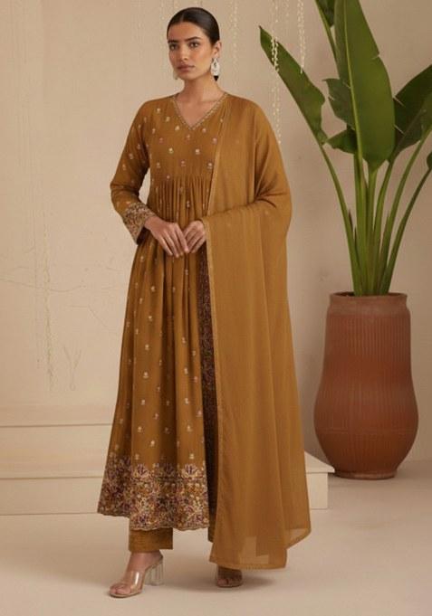 Brown Embroidered Moss Anarkali Set
