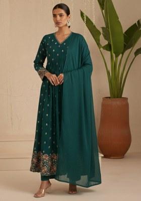 Emerald Green Embroidered Moss Anarkali Set