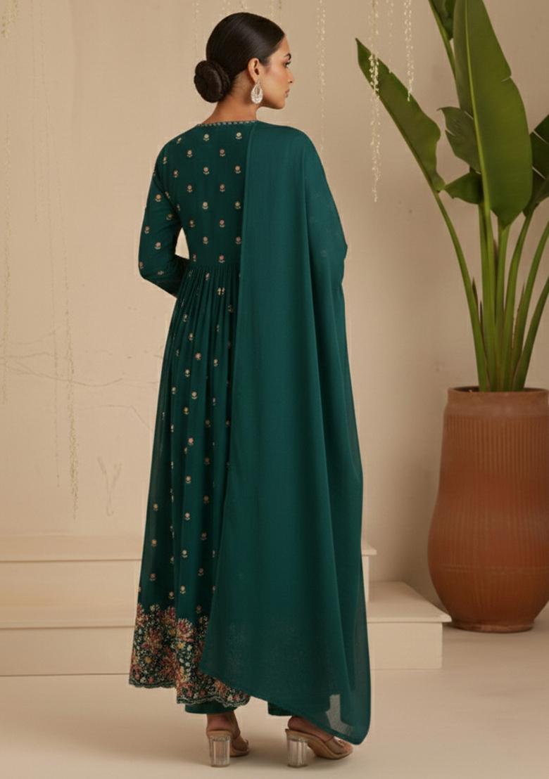 Emerald Green Embroidered Moss Anarkali Set - Indya