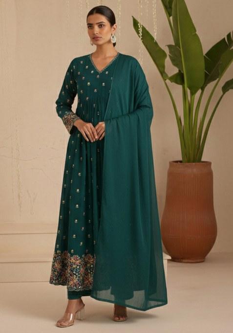 Emerald Green Embroidered Moss Anarkali Set