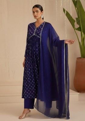 Navy Blue Embroidered Moss Anarkali Set