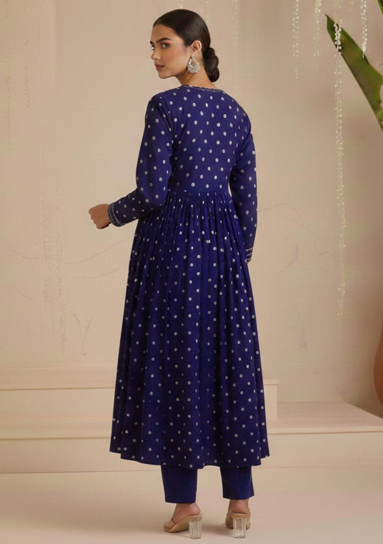 Navy Blue Embroidered Moss Anarkali Set - Indya