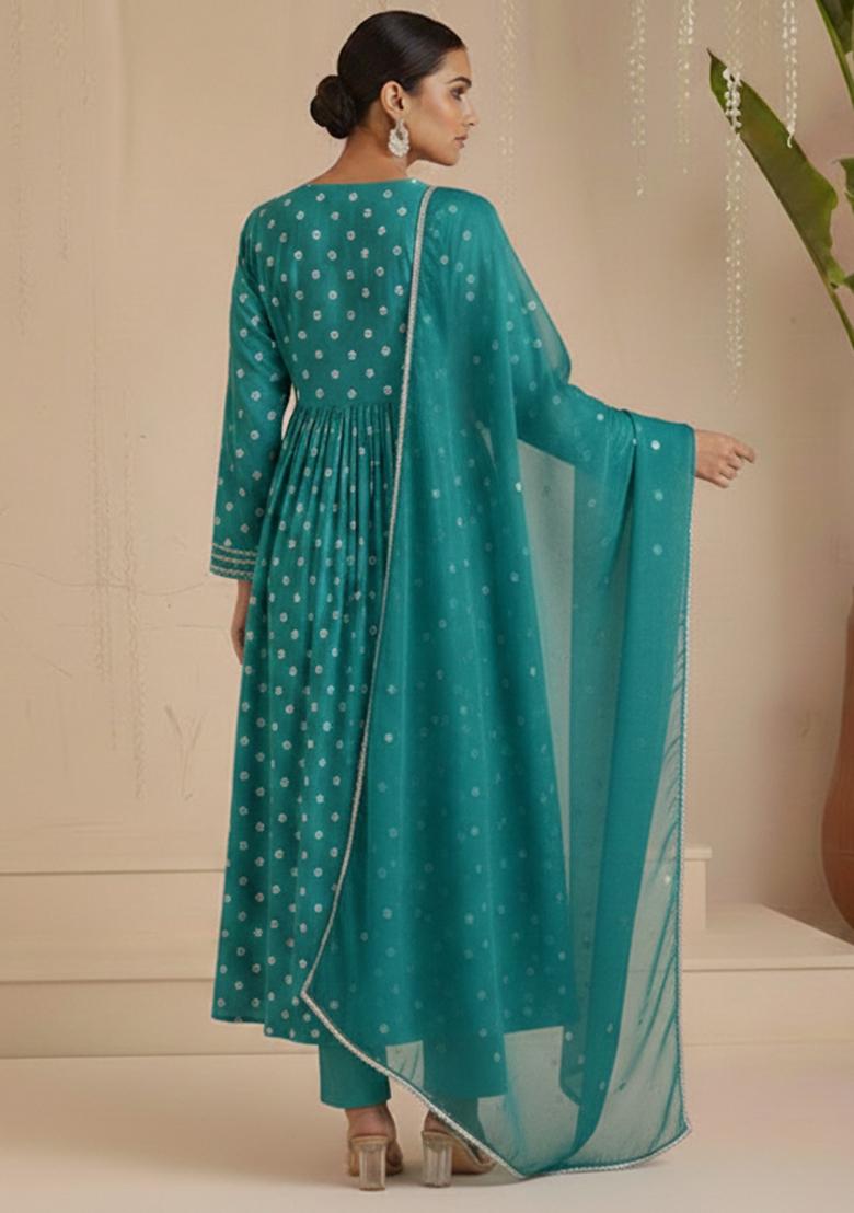 Teal Green Embroidered Moss Anarkali Set - Indya