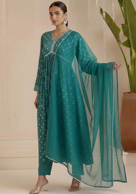 Teal Green Embroidered Moss Anarkali Set