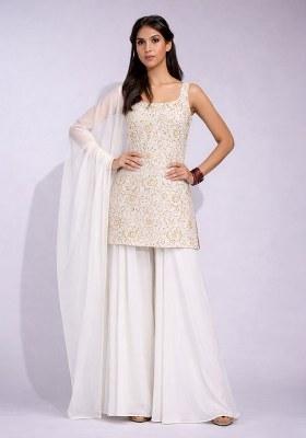 Ivory Embroidered Crepe Sharara Set