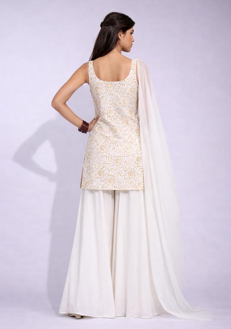 Ivory Embroidered Crepe Sharara Set - Indya