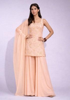 Peach Embroidered Crepe Sharara Set