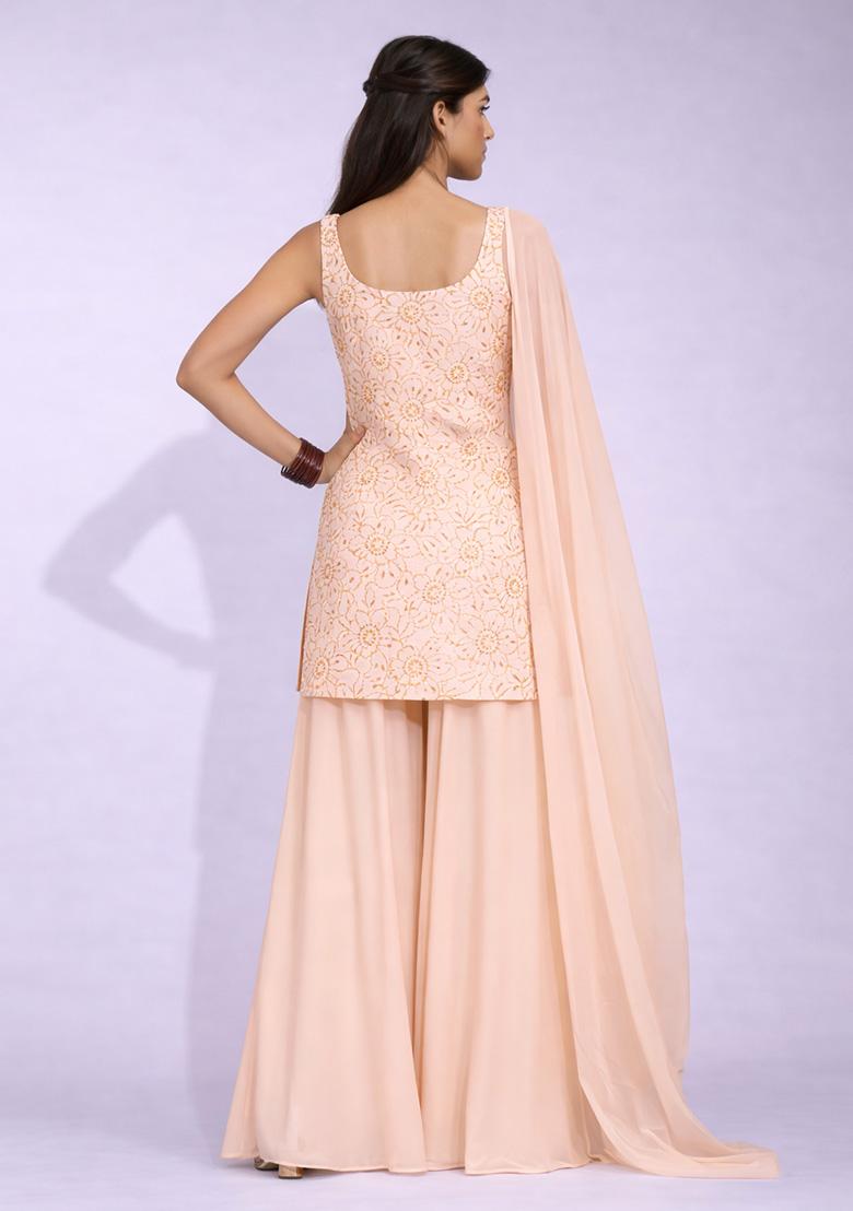Peach Embroidered Crepe Sharara Set - Indya