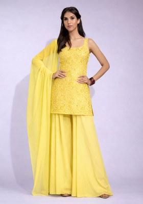 Light Yellow Embroidered Crepe Sharara Set