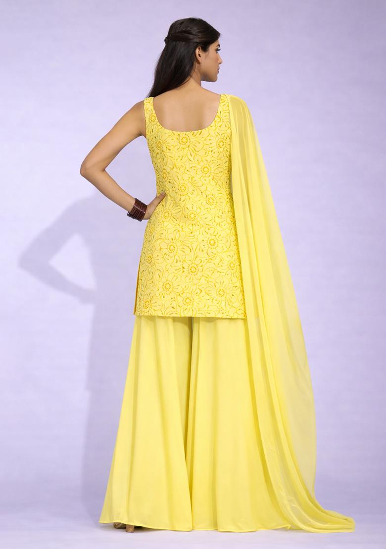 Light Yellow Embroidered Crepe Sharara Set - Indya
