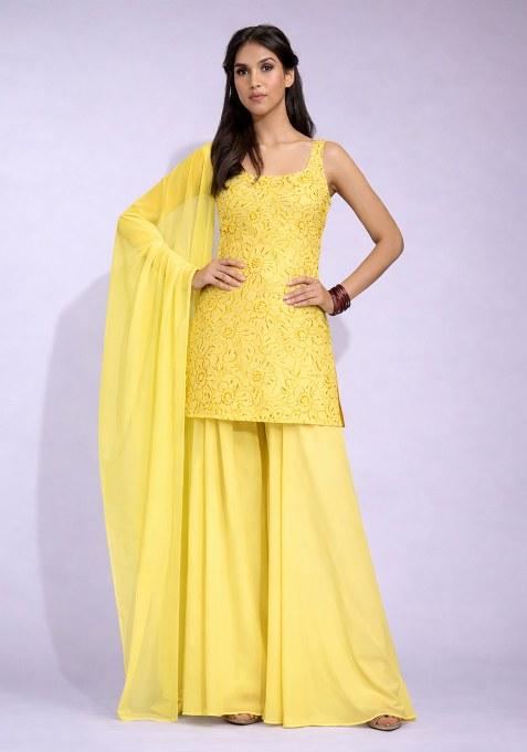 Light Yellow Embroidered Crepe Sharara Set