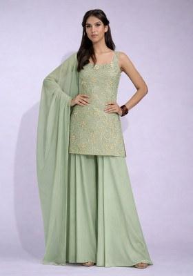 Sage Green Embroidered Crepe Sharara Set