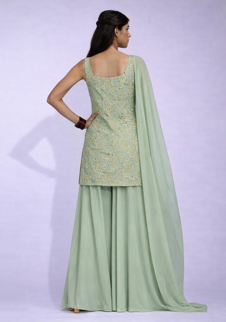 Sage Green Embroidered Crepe Sharara Set - Indya