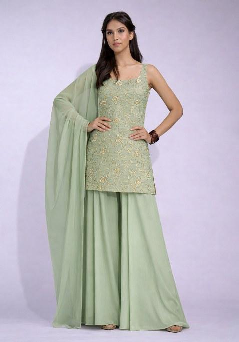 Sage Green Embroidered Crepe Sharara Set