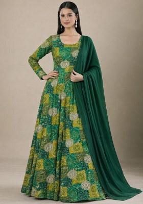 Emerald Green Printed Crepe Anarkali With Dupatta