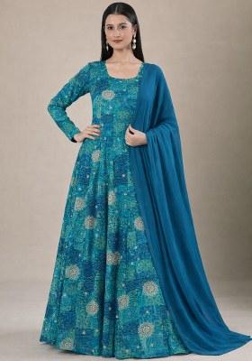 Teal Blue Printed Crepe Anarkali With Dupatta