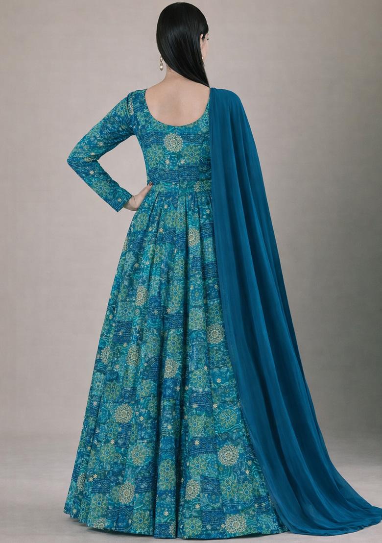 Teal Blue Printed Crepe Anarkali With Dupatta - Indya