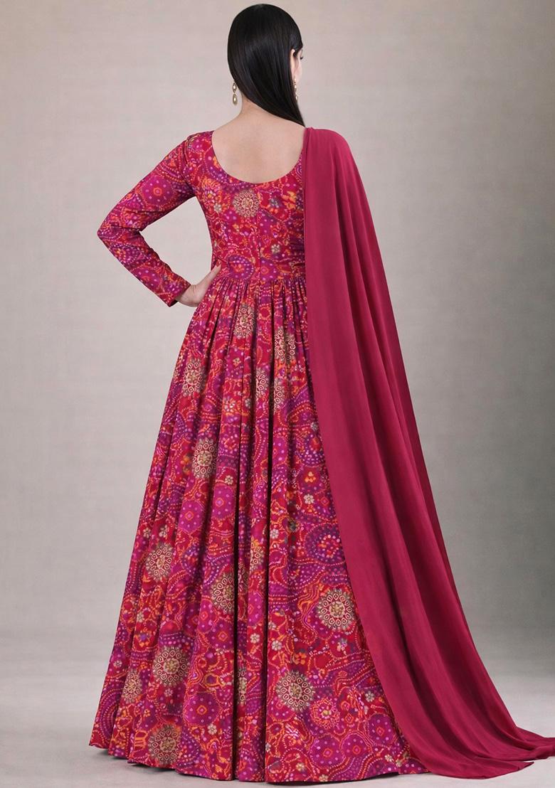 Rani Pink Printed Crepe Anarkali With Dupatta - Indya